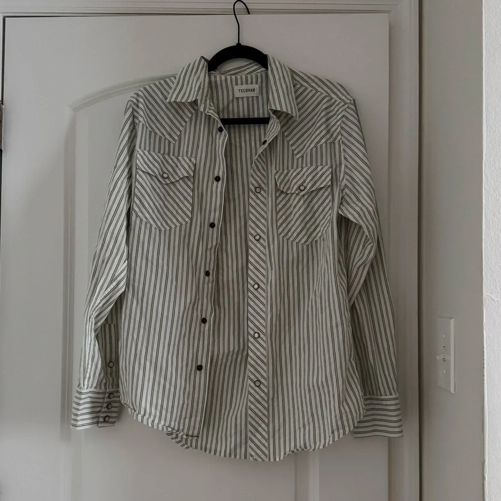 Tecovas Green and White Striped Long Sleeve Button Down Shirt - Picture 1 of 5